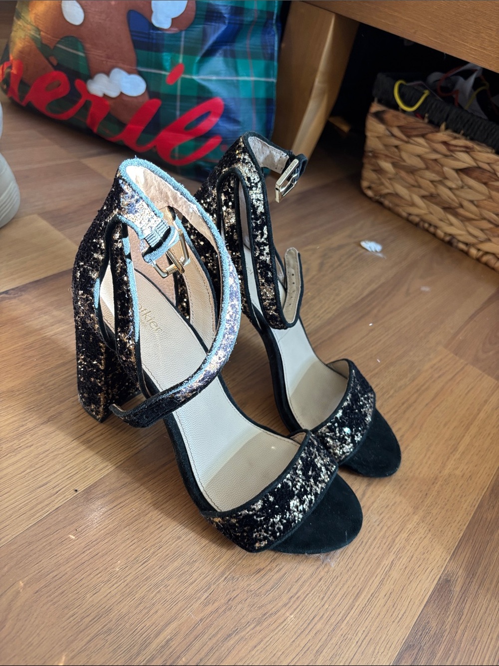 Botkier Black and Gold Sequin Block Heel Sandals with Ankle Strap